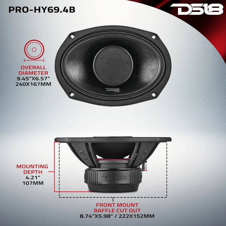 DS18 PRO-HY69.4B Altavoz de 2 vías de rango completo de 6x9" con controlador de compresión incorporado - 250 vatios Rms 4 ohmios