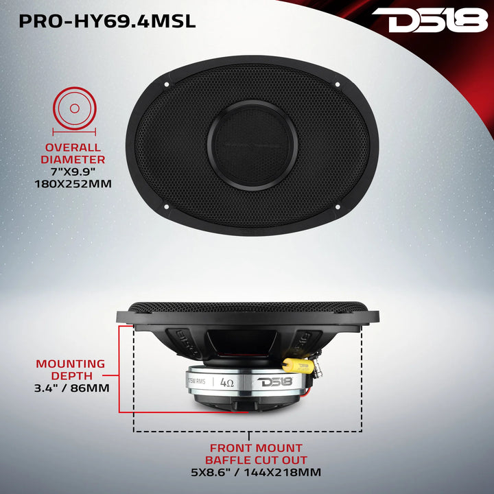 DS18 PRO-HY69.4MSL 6x9" Slim 2-Way Loudspeaker - 175 Watts Rms 4-ohm