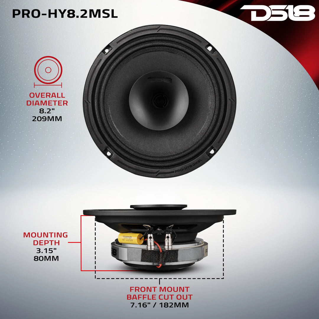 DS18 PRO-HY8.4MSL Altavoz de 2 vías de montaje superficial de 8" con bobina móvil de 1,5" y controlador de compresión incorporado - 200 vatios Rms 4 ohmios