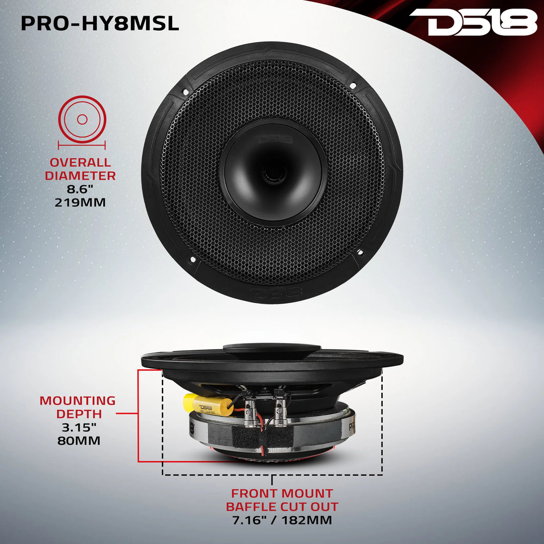 DS18 PRO-HY8MSL 8" Shallow Mount Full-Range Loudspeaker with 1.5" Voice Coil and Built-in Compression Driver - 200 Watts Rms 8-ohm