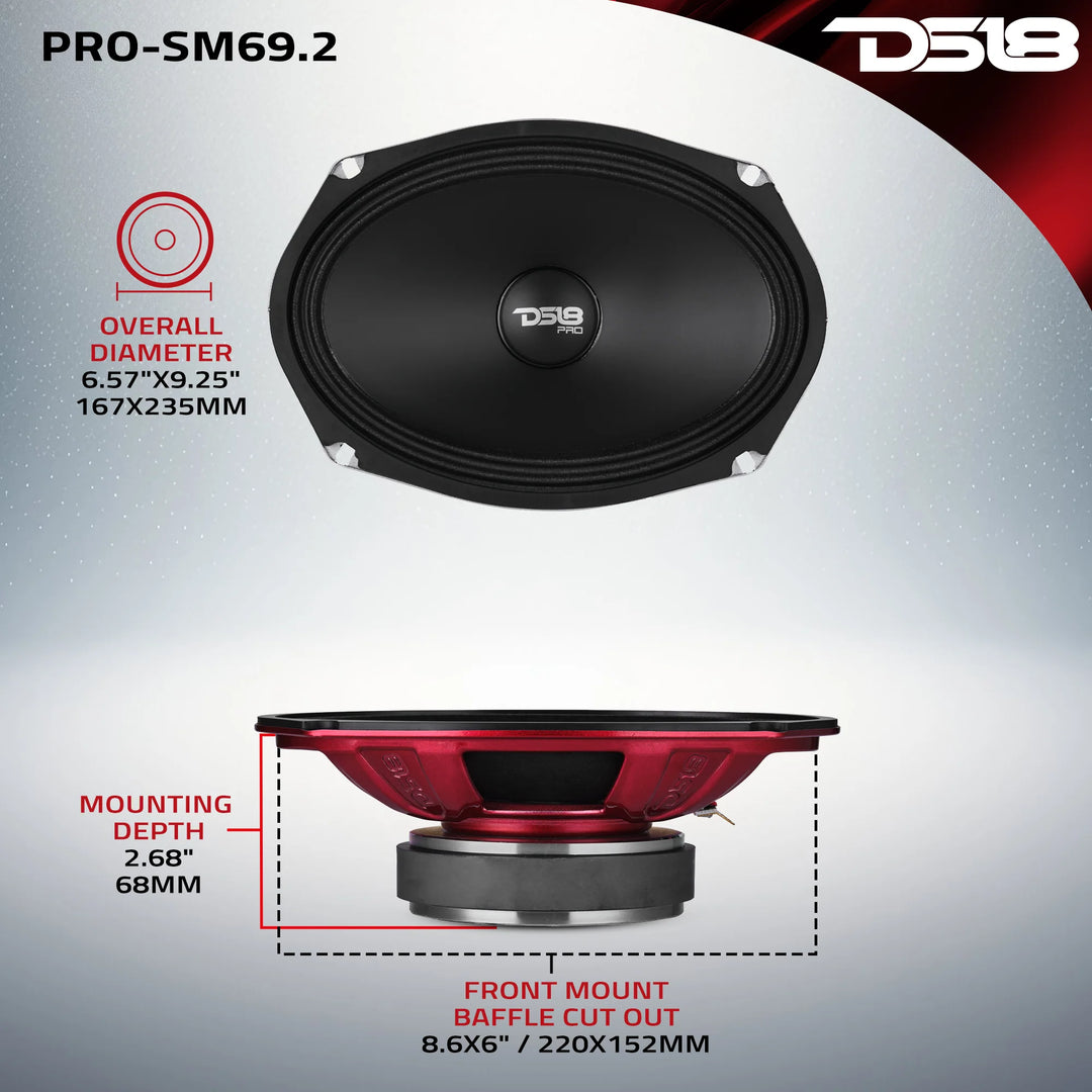 DS18 PRO-SM69.2 Altavoz de rango medio poco profundo de 6x9" con cono resistente al agua y bobina móvil de 1,5" - 250 vatios Rms 2 ohmios