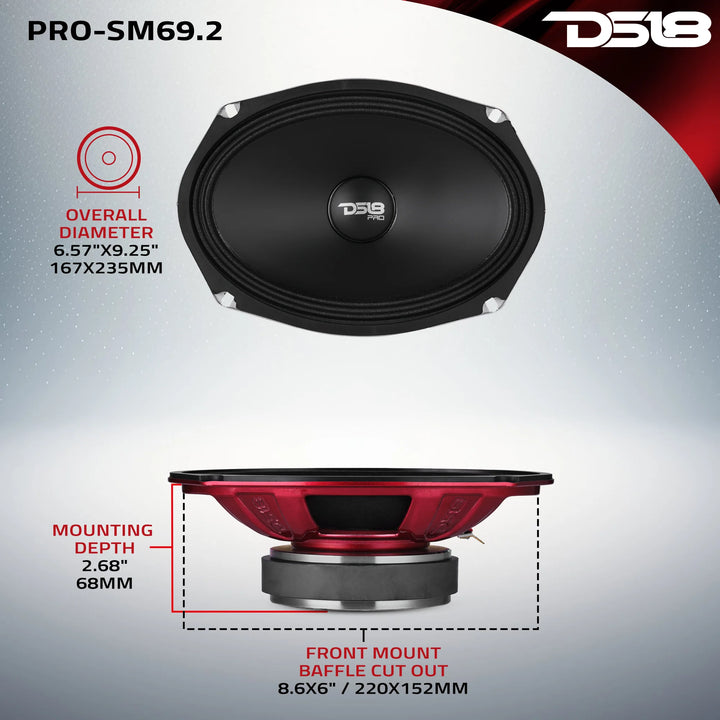DS18 PRO-SM69.2 Altavoz de rango medio poco profundo de 6x9" con cono resistente al agua y bobina móvil de 1,5" - 250 vatios Rms 2 ohmios
