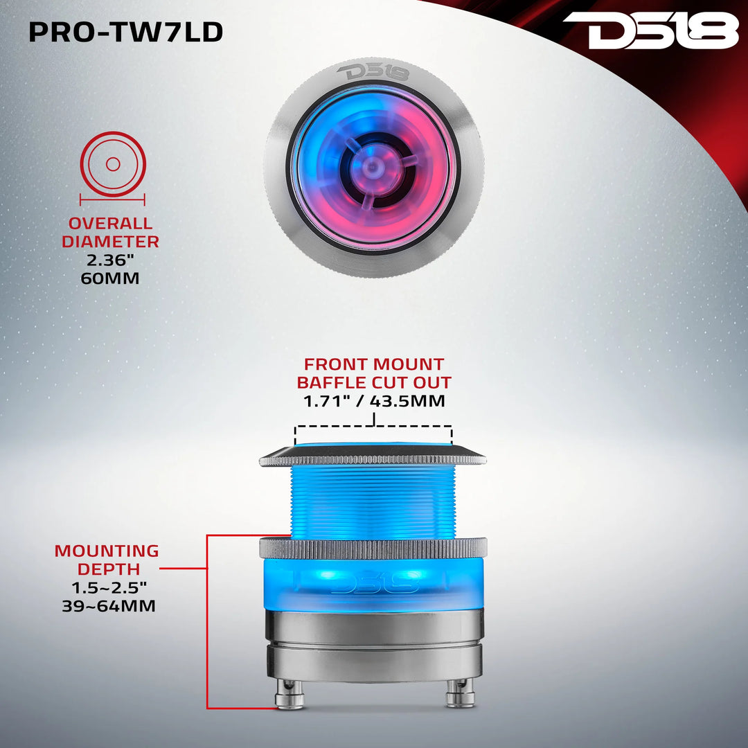 DS18 PRO-TW7LD 2.3" Bullet Super Tweeter with 1" Aluminum Voice Coil and Dynamic LEDs - 100 Watts Rms 4-ohm