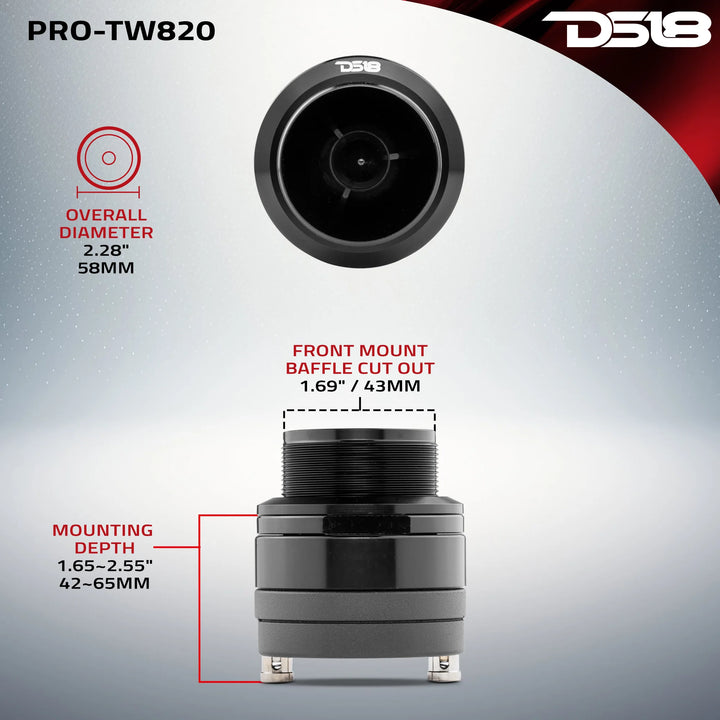 DS18 PRO-TW820 Súper tweeter tipo bala de compresión de neodimio de 2,3" con bobina móvil de titanio de 1" - 100 vatios Rms 4 ohmios