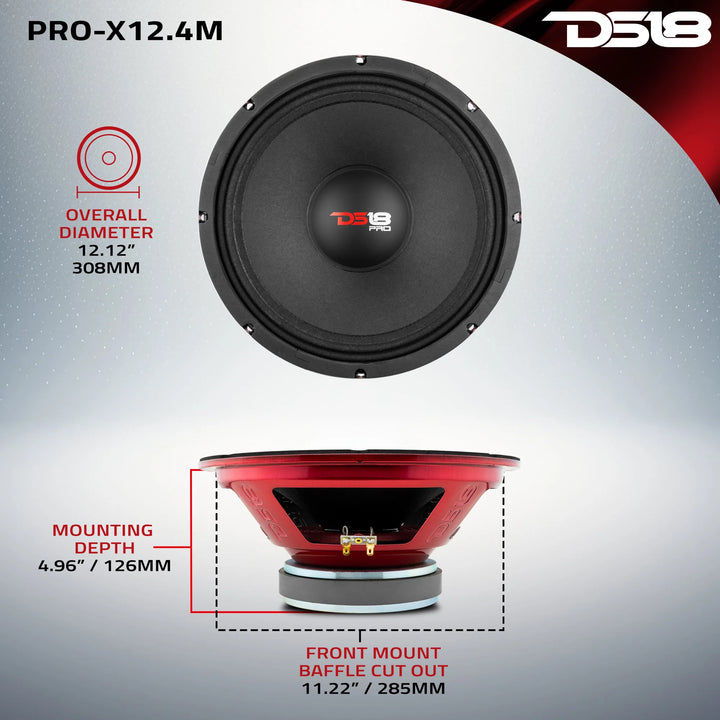 DS18 PRO-X12.4M Altavoz de rango medio de 12" con tapa antipolvo clásica y bobina móvil de 2,5" - 450 vatios Rms 4 ohmios