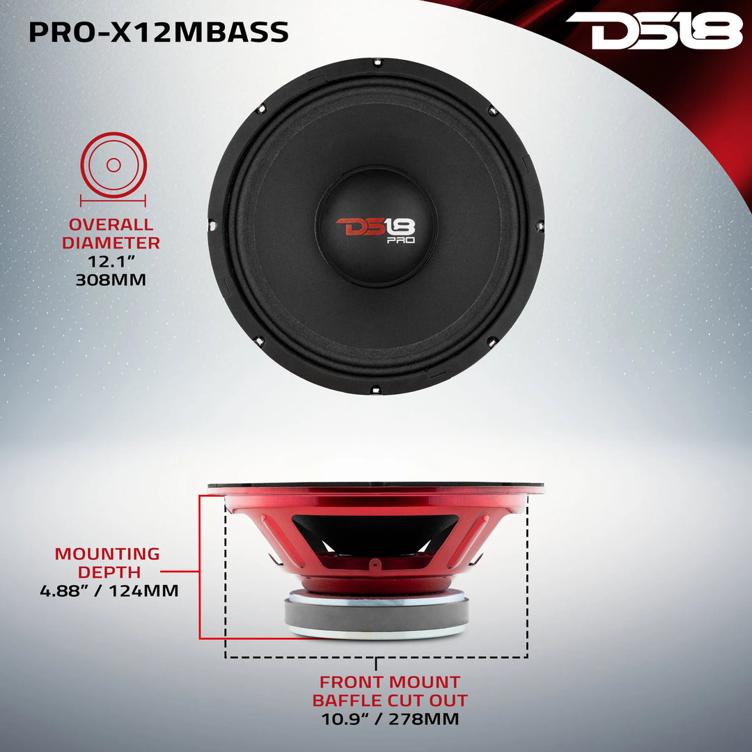 DS18 PRO-X12MBASS Altavoz de medios graves de 12" con tapa antipolvo clásica y bobina móvil de 2,5" - 500 vatios Rms 8 ohmios