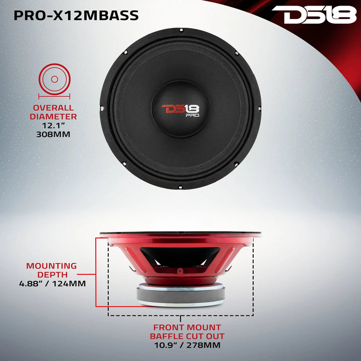 DS18 PRO-X12MBASS Altavoz de medios graves de 12" con tapa antipolvo clásica y bobina móvil de 2,5" - 500 vatios Rms 8 ohmios