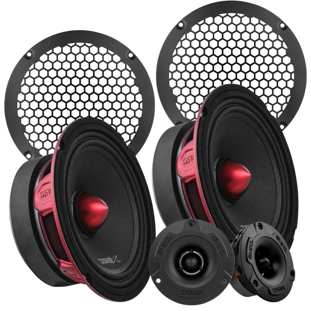 DS18 Package Deal - 2x PRO-X6.4BM 6.5" Mid-Range Speakers with Black 3.8" Super Tweeters and Black Mesh Grills