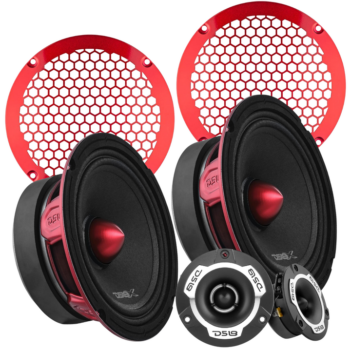 DS18 Package Deal - 2x PRO-X6.4BM 6.5" Mid-Range Speakers with 3.8" Super Tweeters and Red Mesh Grills