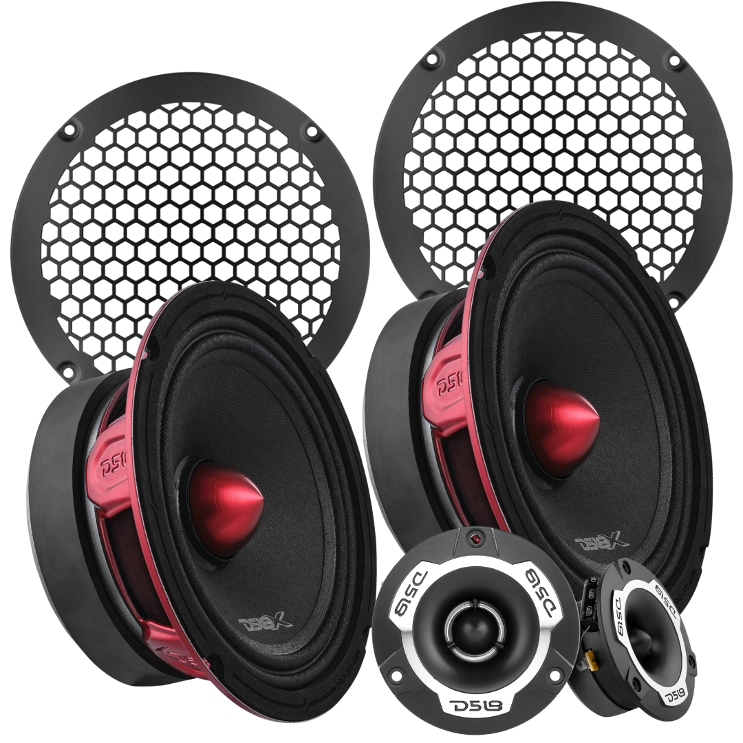 DS18 Package Deal - 2x PRO-X6.4BM 6.5" Mid-Range Speakers with 3.8" Super Tweeters and Black Mesh Grills