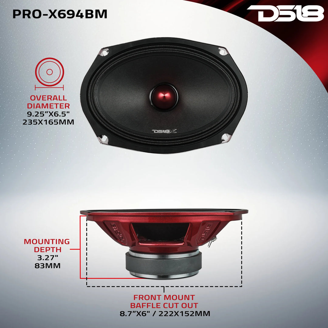 DS18 PRO-X694BM Altavoz de rango medio de 6x9" con bala de aluminio y bobina móvil de 1,5" - 200 vatios Rms 4 ohmios