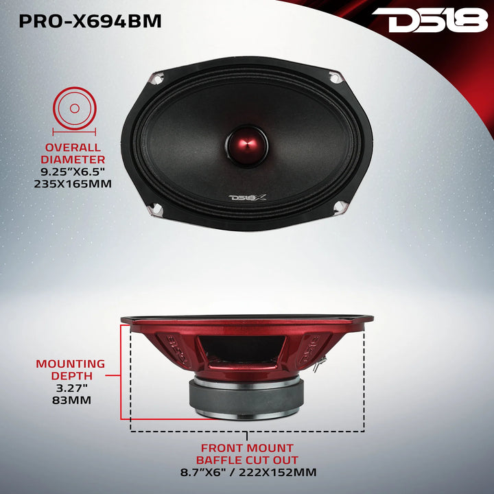 DS18 PRO-X694BM Altavoz de rango medio de 6x9" con bala de aluminio y bobina móvil de 1,5" - 200 vatios Rms 4 ohmios