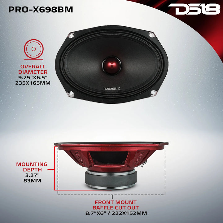 DS18 PRO-X698BM Altavoz de rango medio de 6x9" con bala de aluminio y bobina móvil de 1,5" - 200 vatios Rms 8 ohmios