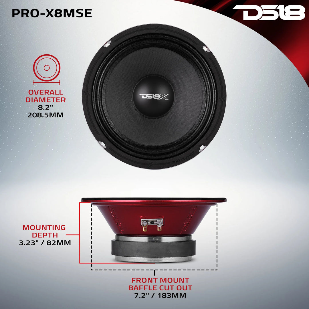 DS18 PRO-X8MSE Altavoz de rango medio de 8" con cesta sellada y bobina móvil de 1,5" - 275 vatios Rms 8 ohmios