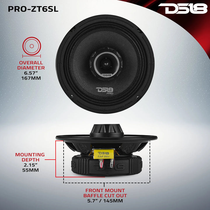 DS18 PRO-ZT6SL 6.5" Slim 2-Way Loudspeaker - 200 Watts Rms 4-ohm
