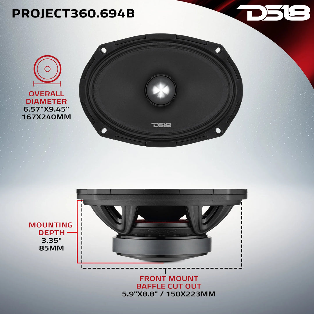 DS18 Combo - 2x PROJECT360 6.5" & 2x 6x9" Mid-Range Bullet Loudspeakers - 4x ZXI-T1 Tweeters - G3600.4D 4-Channel Amplifier