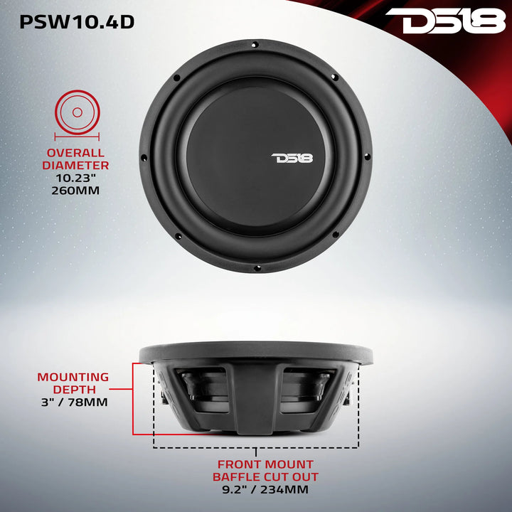 DS18 PSW10.4D Subwoofer de 10" de montaje superficial con bobina móvil de aluminio de 2,5" - 500 vatios Rms 4 ohmios DVC