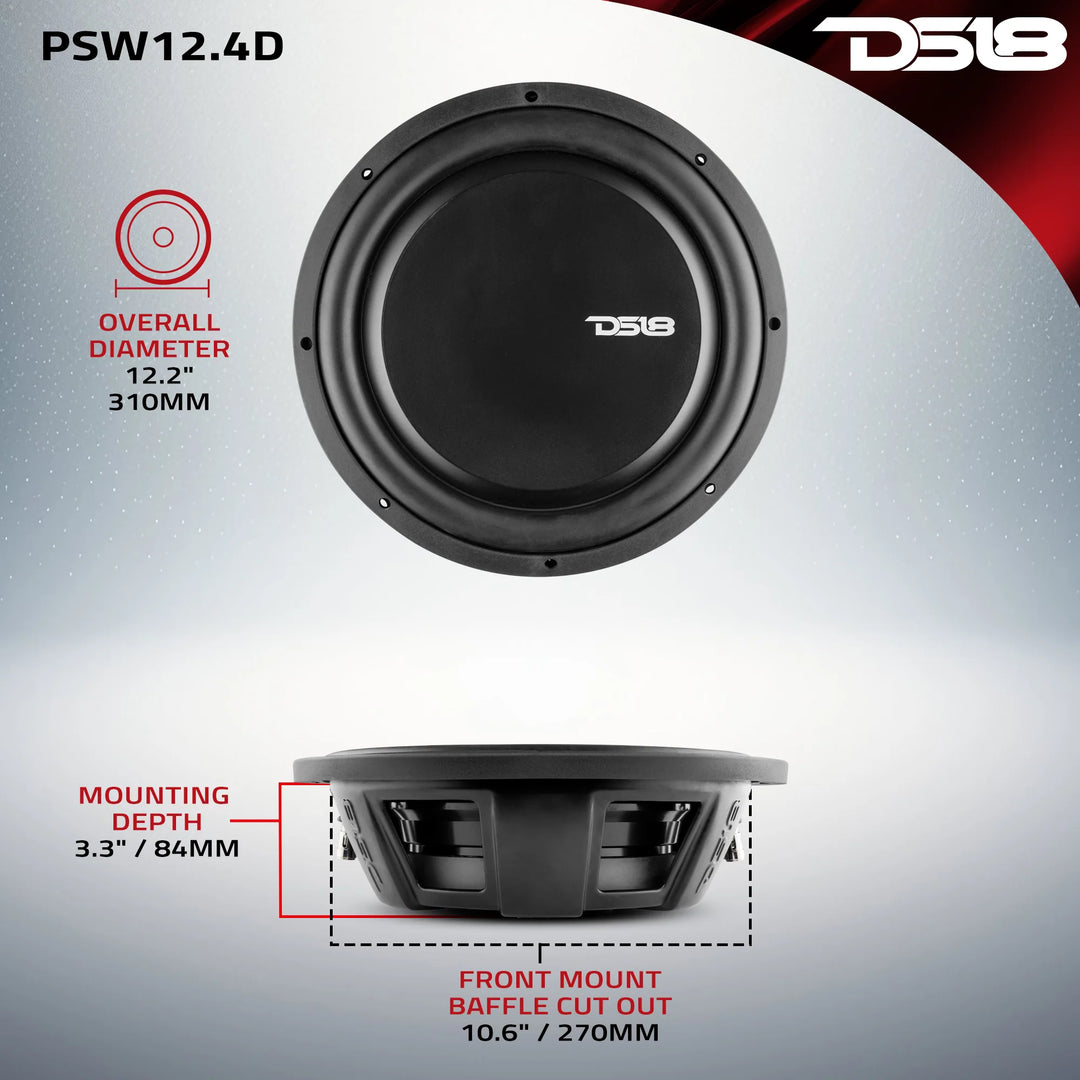 DS18 PSW12.4D Subwoofer de montaje superficial de 12" con cono resistente al agua y bobina móvil de 3" - 600 vatios Rms 4 ohmios DVC