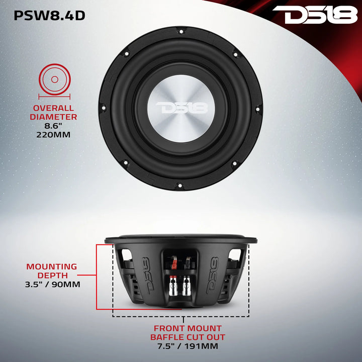 DS18 PSW8.4D 8" Shallow Mount Subwoofer - 400 Watts Rms Dual 4-ohm