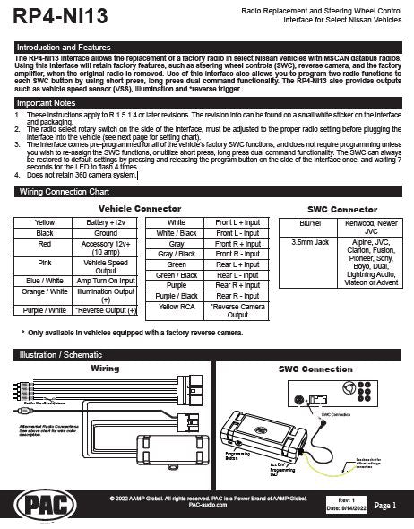 Pac-Audio RP4-NI13 Radio Replacement Interface Module for Select 2019-2022 Nissan Vehicles