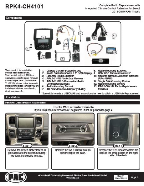 Pac-Audio RPK4-CH4101 Radio Replacement Kit with Climate Controls for Select 2013-2019 Dodge Ram Trucks with 8" Display Screen