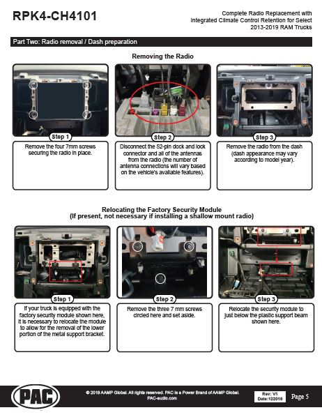 Pac-Audio RPK4-CH4101 Radio Replacement Kit with Climate Controls for Select 2013-2019 Dodge Ram Trucks with 8" Display Screen