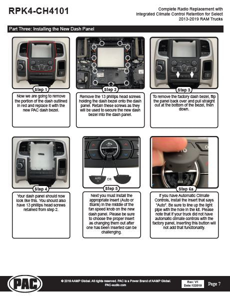 Pac-Audio RPK4-CH4101 Radio Replacement Kit with Climate Controls for Select 2013-2019 Dodge Ram Trucks with 8" Display Screen