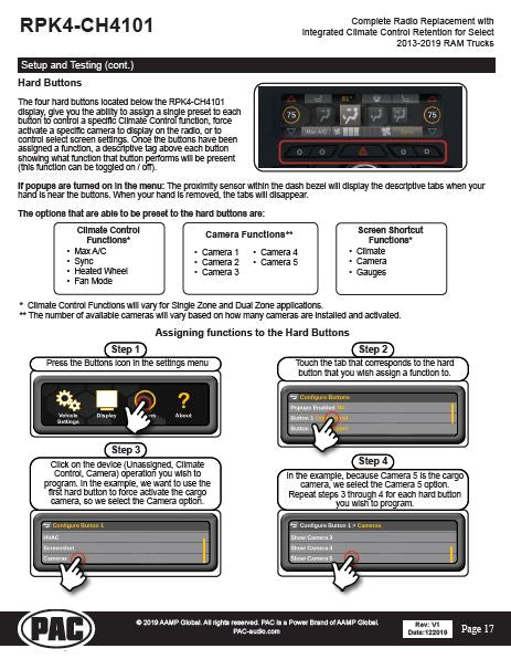 Pac-Audio RPK4-CH4101 Radio Replacement Kit with Climate Controls for Select 2013-2019 Dodge Ram Trucks with 8" Display Screen