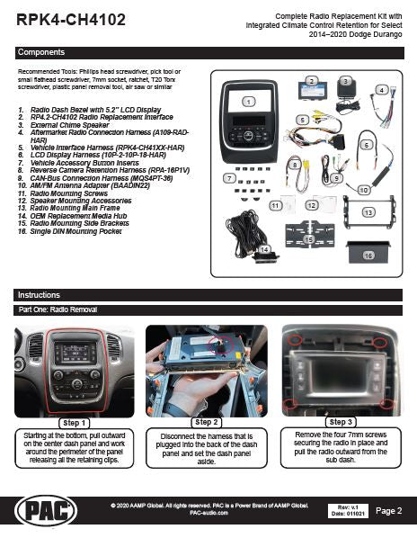 Pac-Audio RPK4-CH4102 Radio Replacement Kit with Climate Controls for Select 2014-2020 Dodge Durango