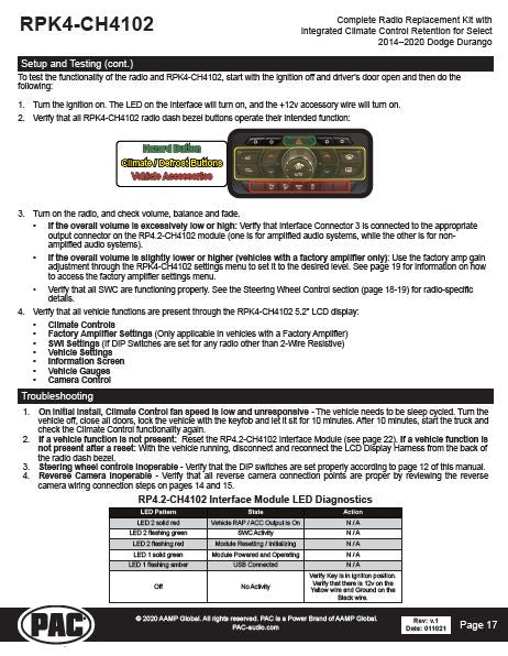 Pac-Audio RPK4-CH4102 Radio Replacement Kit with Climate Controls for Select 2014-2020 Dodge Durango