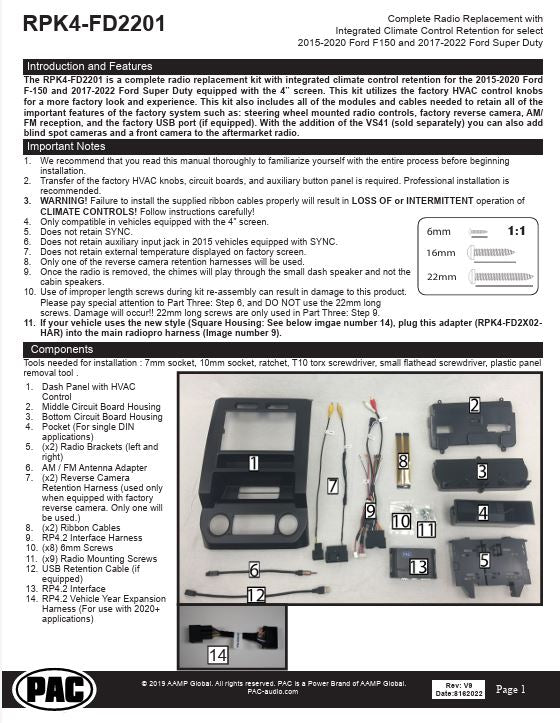 Pac-Audio RPK4-FD2201 Radio Replacement Kit with Climate Controls for Select 2015-2020 Ford F-150, F-250, F-350, F-450 or F-550 Pickup Trucks