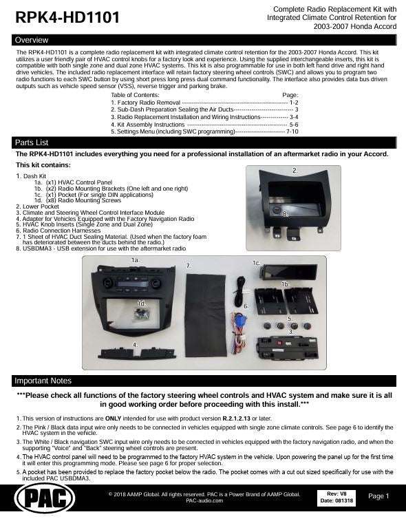 Pac-Audio RPK4-HD1101 Radio Replacement Kit with Climate Controls for Select 2003-2007 Honda Accord Vehicles