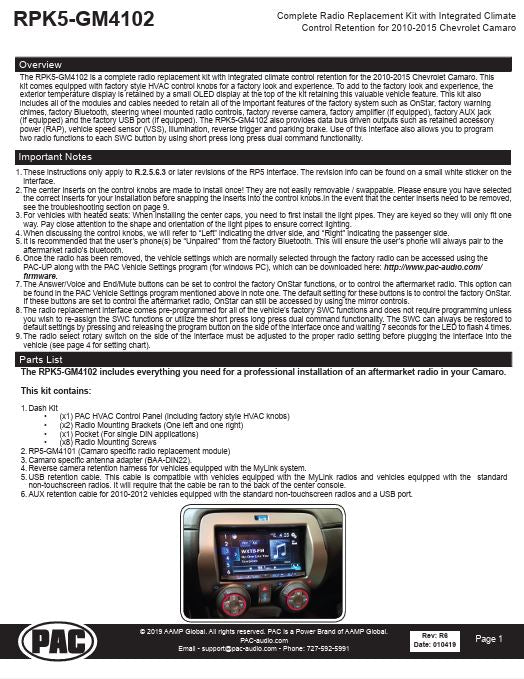 Pac-Audio RPK5-GM4102 Radio Replacement Kit with Climate Controls for Select 2010-2015 Chevrolet Camaro Vehicles
