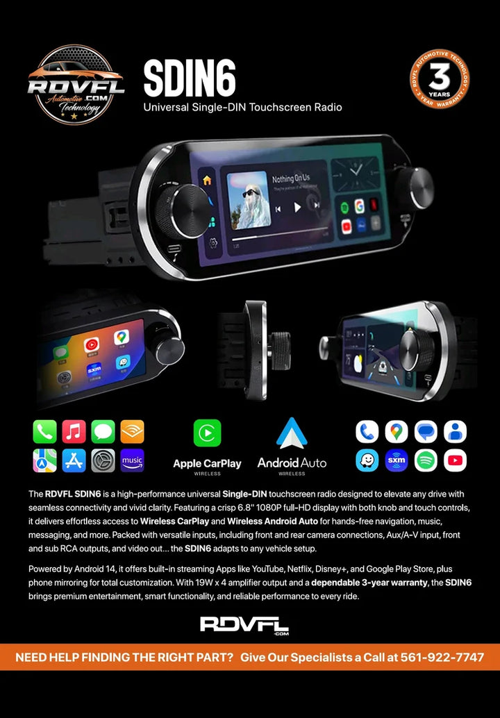 RDV SDIN6 Single-Din Radio with 6.8" Touchscreen and Wireless Apple Car Play & Android Auto