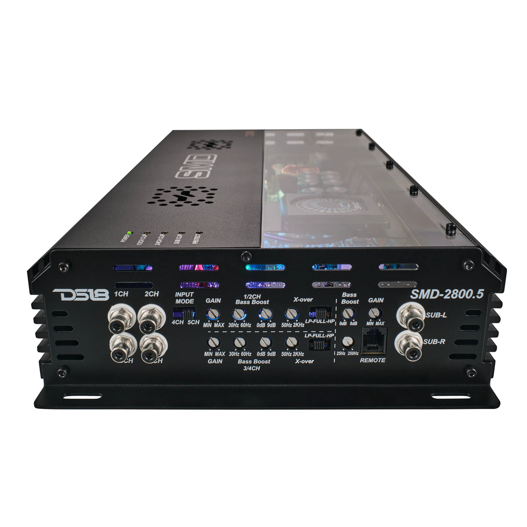 SMD 2800.5 5-Channel Amplifier with VM-1 Voltmeter and Digital LED Lights - 4 x 250 Watts Rms @ 2-ohm + 1 x 1800 Watts  Rms @ 1-ohm