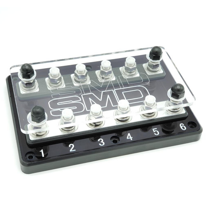 SMD Six 6 Slot ANL Fuse Block with Polished Aluminum Hardware and Clear Acrylic Cover - Made In the USA