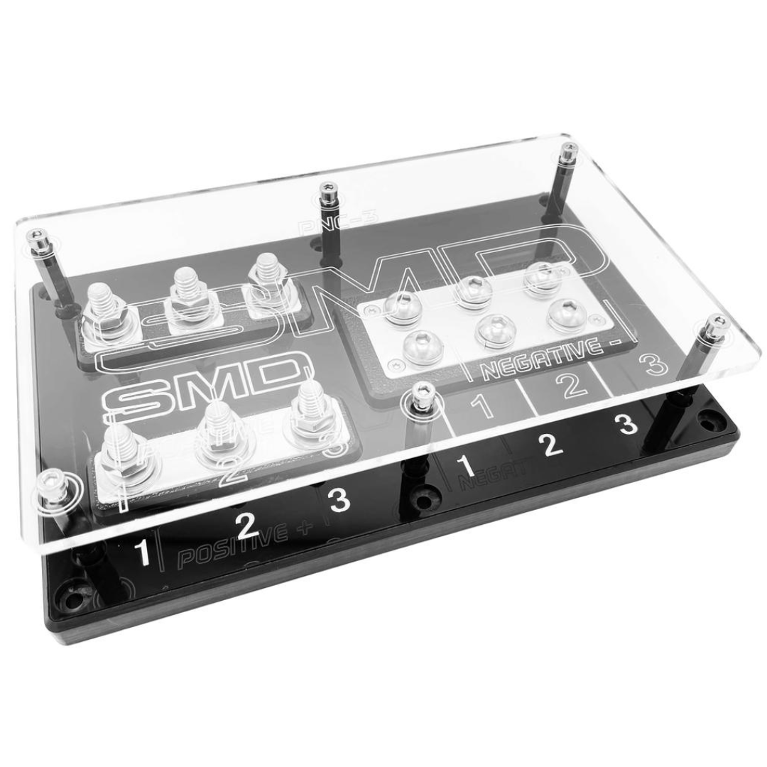 Bloque de distribución y fusible ANL SMD de 3 ranuras con herrajes de aluminio pulido y cubierta acrílica transparente, fabricado en EE. UU.