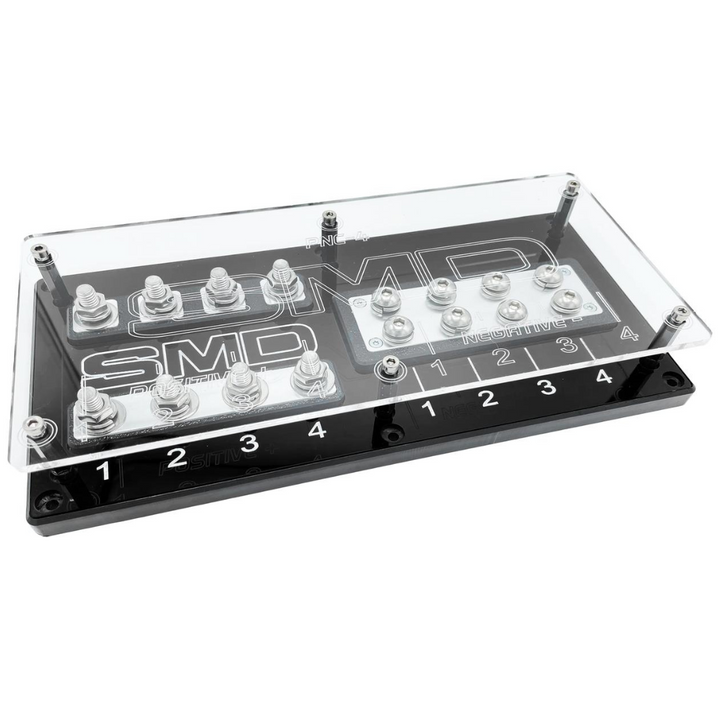 Bloque de distribución y fusible ANL SMD de 4 ranuras con herrajes de aluminio pulido y cubierta acrílica transparente, fabricado en EE. UU.