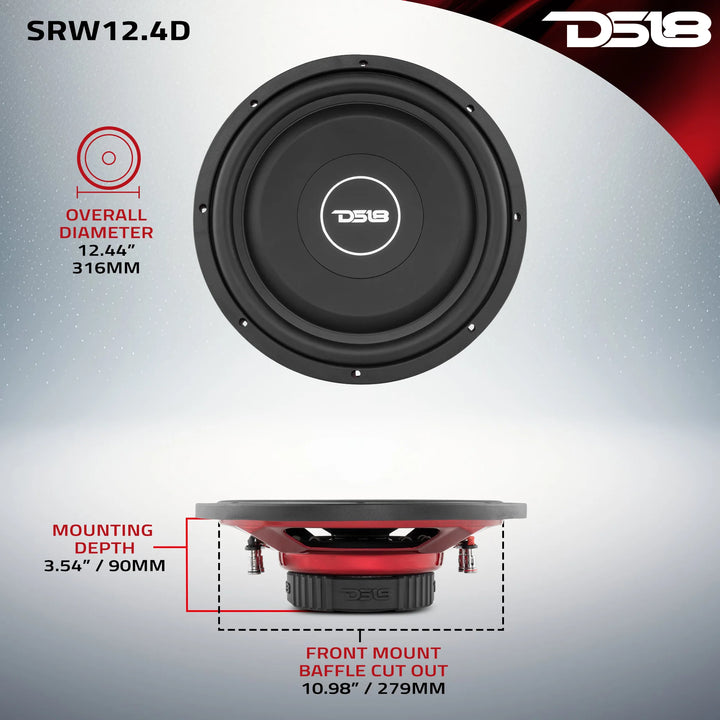 DS18 SRW12.4D Shallow Mount 12" Subwoofer - 220 Watts Rms 4-ohm DVC