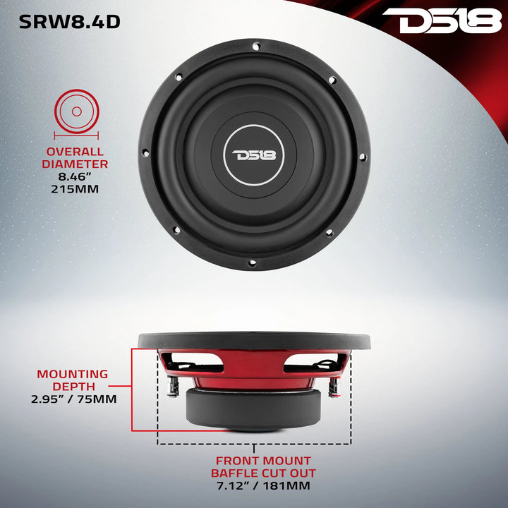 DS18 SRW8.4D Shallow Mount 8" Subwoofer - 150 Watts Rms 4-ohm DVC