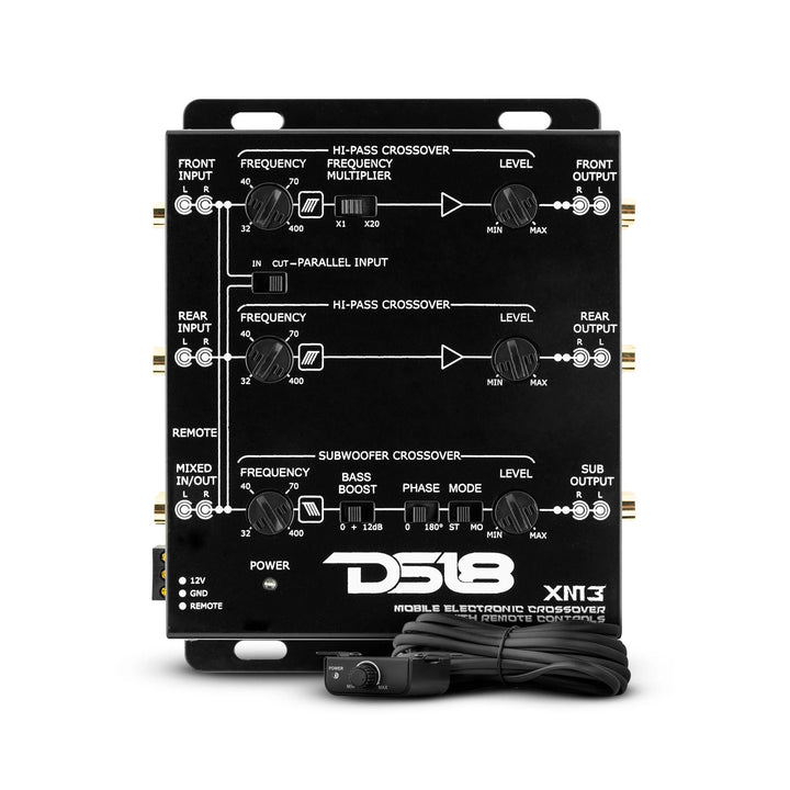 Crossover activo de 3 vías DS18 XM3 con seis salidas Rca de 9 voltios y perilla de control de nivel de subwoofer