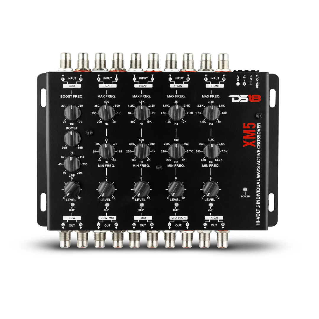 DS18 XM5 5-Way Active Crossover with Clip Indicators - 10x Rca Inputs & 10x Rca Outputs