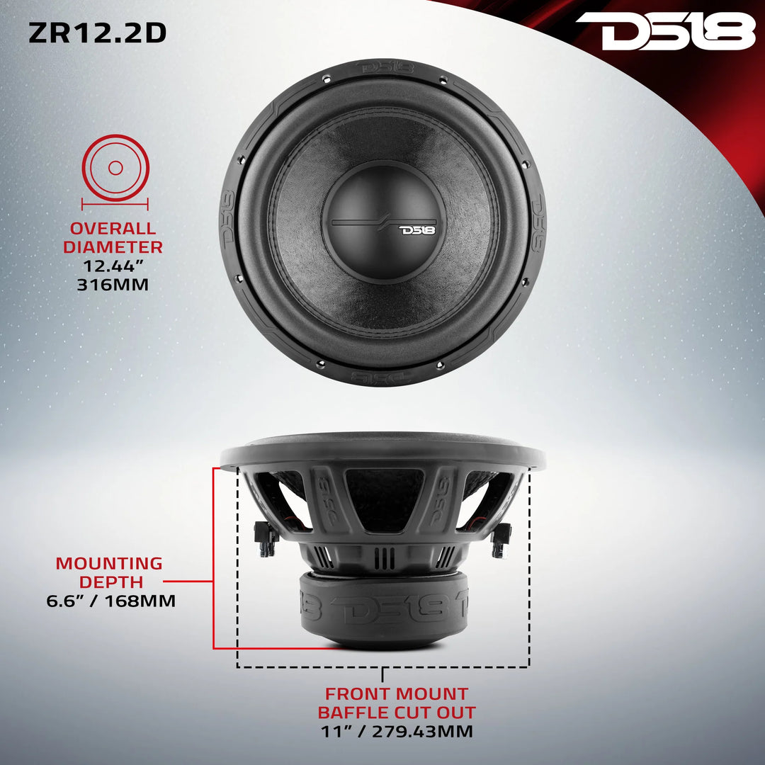 Subwoofer DS18 ZR12.2D de 12" con bobina móvil de aluminio de 2,5" - 750 vatios Rms 2 ohmios DVC