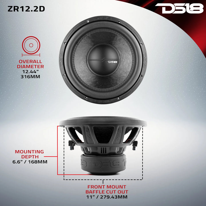 Subwoofer DS18 ZR12.2D de 12" con bobina móvil de aluminio de 2,5" - 750 vatios Rms 2 ohmios DVC