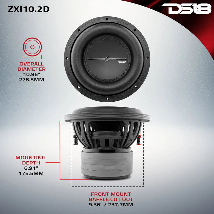 Subwoofer DS18 ZXI10.2D de 10" con bobina móvil de aluminio negro de 2,5" - 800 vatios Rms 2 ohmios DVC