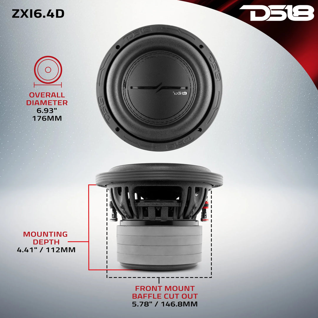 Subwoofer DS18 ZXI6.4D de 6,5" con bobina móvil de aluminio de 1,5" - 300 vatios Rms 4 ohmios DVC