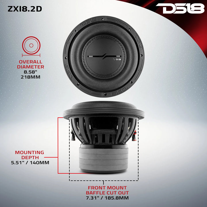 Subwoofer DS18 ZXI8.2D de 8" con bobina móvil de aluminio de 2" - 600 vatios Rms 2 ohmios DVC