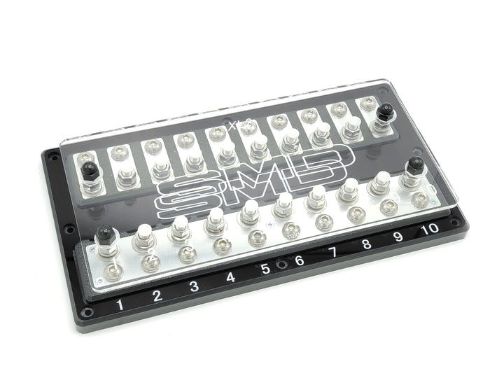 Bloque de fusibles ANL SMD Deca XL2 de 10 ranuras con herrajes de aluminio pulido y cubierta acrílica transparente, fabricado en EE. UU.