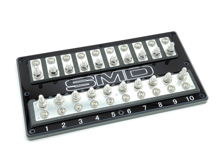 Bloque de fusibles ANL SMD Deca XL2 de 10 ranuras con herrajes de aluminio pulido y cubierta acrílica transparente, fabricado en EE. UU.