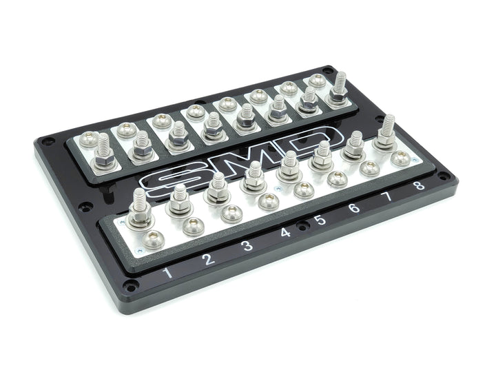 Bloque de fusibles ANL SMD Octo XL2 de 8 ranuras con herrajes de aluminio pulido y cubierta acrílica transparente, fabricado en EE. UU.